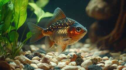 Obraz premium Goldfish with black and orange markings swims in a freshwater tank