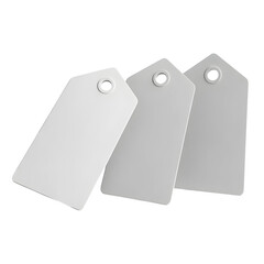 Three blank white 3D price tags used for commerce, sales, or product labeling isolated on transparent background