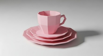 Geometric Tea Set Still Life: Pink Cup and Saucers on White Background, Polygon Style
