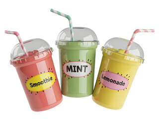 Three colorful 3D rendered drinks in plastic takeaway cups labeled Smoothie, Mint, and Lemonade, symbolizing summer refreshment isolated on transparent background.