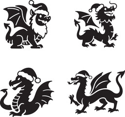 Christmas Dragon Silhouettes with Santa Hats and Wings Holiday Fantasy Clipart Vector Graphics Crafts and Digital Art