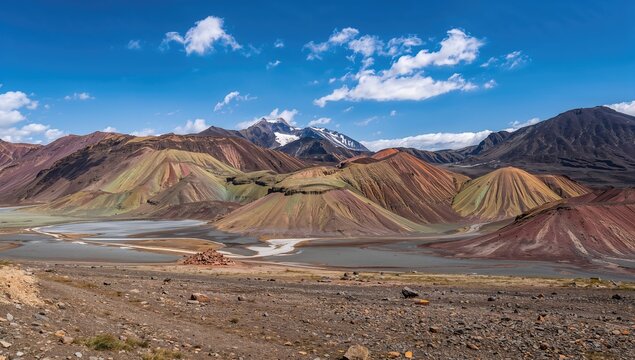 Colorful volcanic mountains in Landmannalaugar, Iceland, summer landscape with bright sunlight, seasonal change