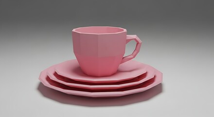 Low Poly Pink Teacup and Saucers Illustration on White Background