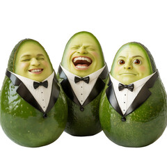 Three cheerful anthropomorphic avocados wearing formal black tuxedos and bow ties, presenting humorous expressions isolated on transparent background