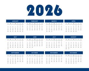 2026 year calendar template for office stationery