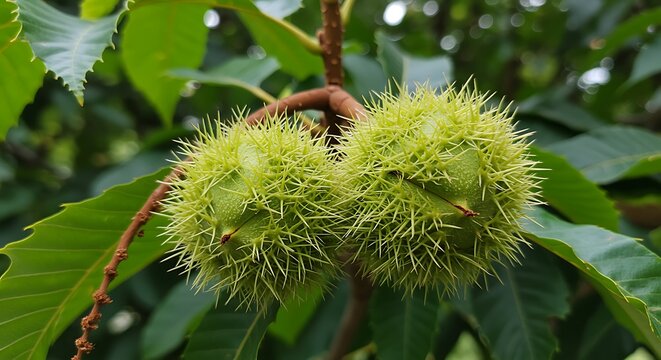 Two spiky green chestnut burrs on a branch with green leaves fruit