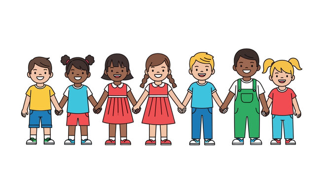 Diverse group of children holding hands symbolizes unity and childhood friendship, representing - Powered by Adobe
