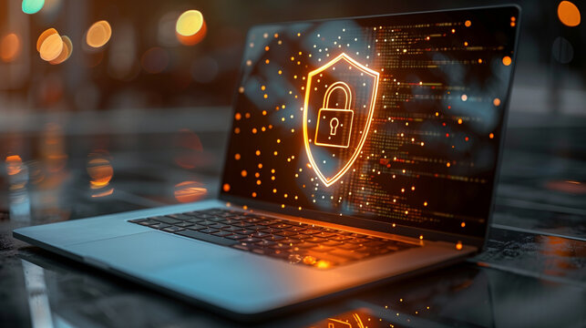 Laptop com escudo hologr&aacute;fico brilhante simboliza defesa contra amea&ccedil;as digitais, privacidade de dados, conformidade e opera&ccedil;&atilde;o segura em ambiente minimalista com espa&ccedil;o livre