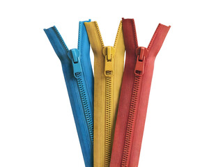 Three colorful zippers, blue, yellow, and coral, partially unzipped, showing the opening mechanism isolated on transparent background