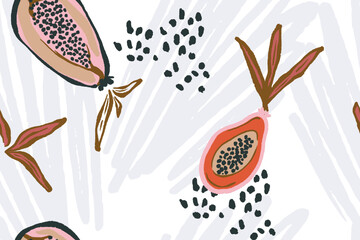Abstract ethnic leaves and shapes seamless pattern. Collage exotic fruit contemporary unique papaya print. Fashionable warm tone template for design