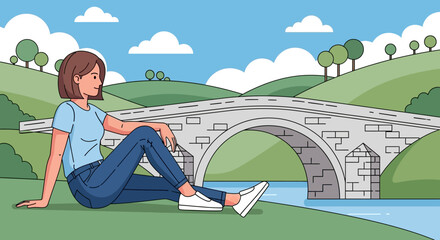 Woman relaxing on grassy bank near serene river under classic arched stone bridge