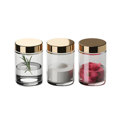 Three luxury glass jars with gold caps displaying natural spa ingredients: rosemary, white powder, and rose petals isolated on transparent background
