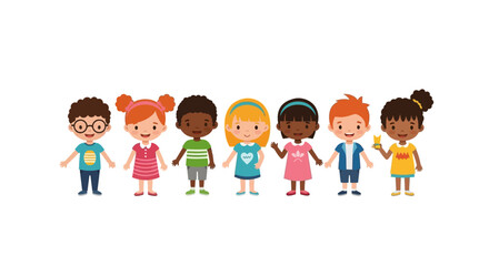 Cartoon illustrations of diverse group of children standing together in a line looking happy and
