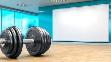 Gym room features dumbbells and blank board fitness room equipped with weights and blank display
