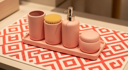 Pink Bathroom Accessory Set: Stylish Home Decor Still Life