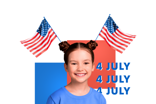 Composite collage image of cute little girls flags national independence america day fourth july concept bizarre unusual fantasy billboard
