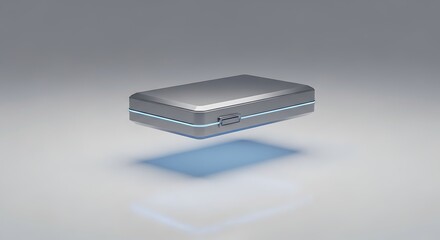 Sleek Silver Box Hovering with Subtle Blue Glow Modern Technology Container Product Shot Minimalist Aesthetic Presentation Gray Backdrop