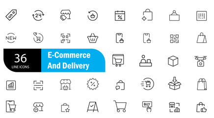 E-commerce and delivery line icons set, online shopping, digital store, retail business, parcel shipping, order tracking, cart, payment, fast courier, logistics, buy online, minimal outline vector.