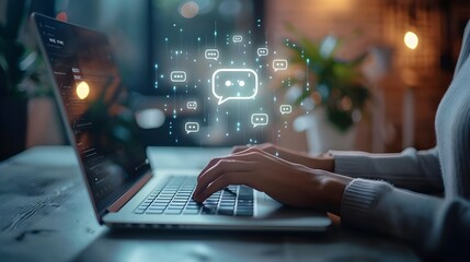 Hands on keyboard with floating chat bubble hologram representing AI communication and real-time message technology.
