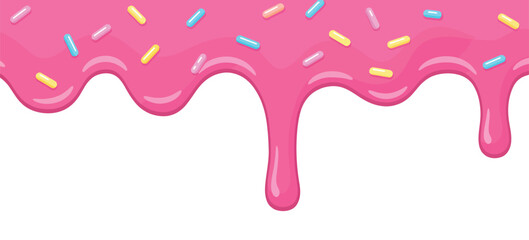 Seamless illustration of flowing pink sugar glaze with assorted vibrant confectionery sprinkles for sweet designs
