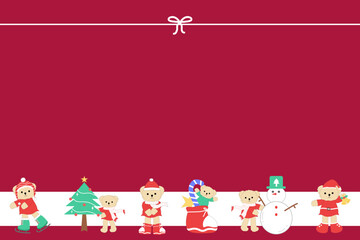 Cute Festive Teddy Bears Line Horizontal Backdrop, Christmas Holiday Presentation Background
