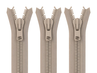 Three vertical beige synthetic zippers partially open, showcasing common clothing and textile fasteners isolated on transparent background