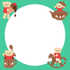 Green-framed background featuring a blank circle for writing or adding photo, cute note paper with playful teddy bear