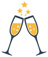 Two champagne glasses clinking together with celebratory stars and bubbles symbolizing congratulations and success