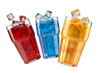 Three vibrant glasses of refreshing cold summer beverages in red, blue, and yellow with ice cubes splashing out, isolated on transparent background