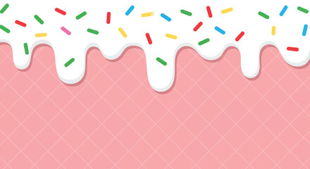 Sweet pink dessert background with dripping white cream glaze and colorful candy sprinkles
