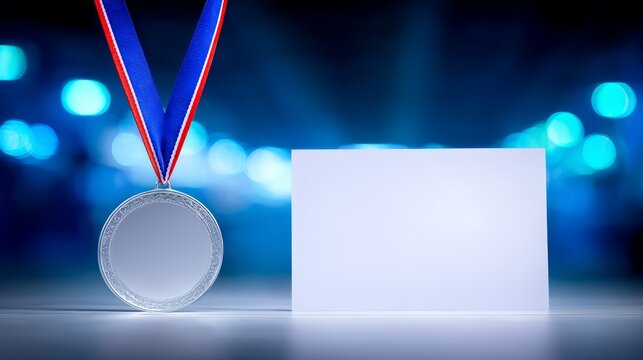 Silver medal displays blank card metallic award features plain white paper for customization