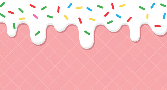 Sweet pink dessert background with dripping white cream glaze and colorful candy sprinkles