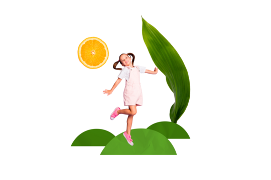 Composite collage picture image of mini girl big leaf orange fruit sun isolated on creative background