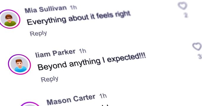 Positive customer reviews, scrolling list of rapturous feedback messages, buyer testimonials on smartphone screen, customer experience comments, footage