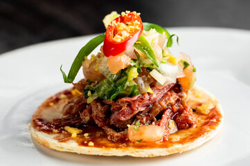 A gourmet single taco on a white plate, filled with pulled meat and topped with fresh ingredients like red chili, green onions, and salsa.