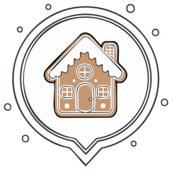 Gingerbread house illustration inside chat bubble frame