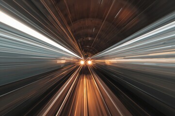 Front view of a speeding train captured with motion blur inside a tunnel