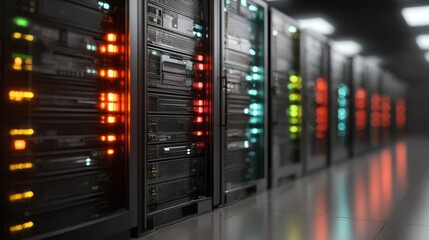 Row of servers located in server room image shows several computing machines within dedicated facility