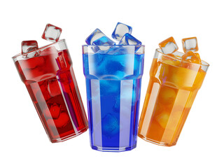 Three vibrant 3D cold drinks in tall glasses, featuring red, blue, and orange liquid refreshment with ice cubes isolated on transparent background.