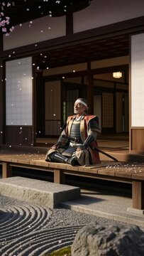 An aged japanese samurai warrior meditating on a porch during a cherry blossom fall. Historical japan culture and tradition footage.