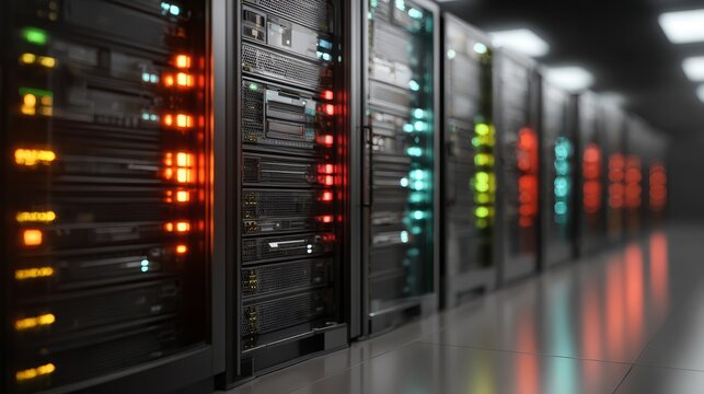 Row of servers located in server room image shows several computing machines within dedicated facility
