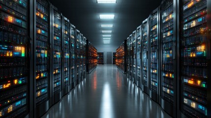 Server racks extend down modern technology aisle electronic equipment processes data in vast server farm