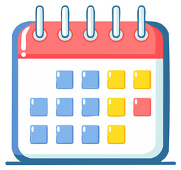 Cute illustration of a desk calendar with colorful squares representing days and a red top with metal rings