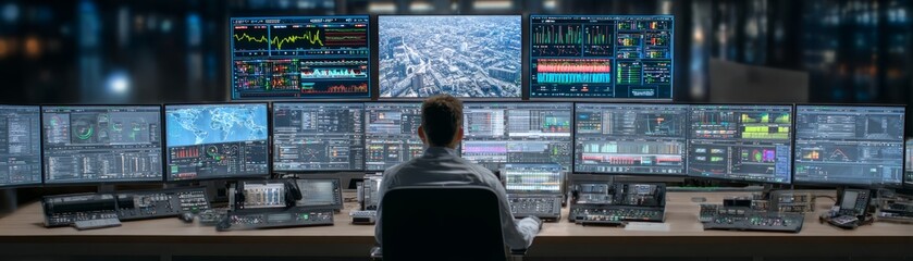 Man works at desk with multiple monitors focused person engages with multiple screens in work setting