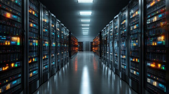 Server racks extend down modern technology aisle electronic equipment processes data in vast server farm