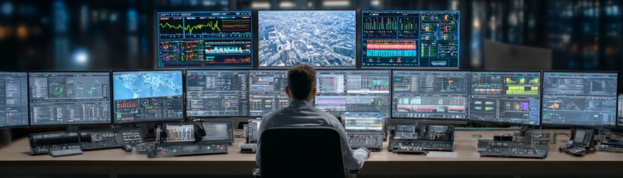 Man works at desk with multiple monitors focused person engages with multiple screens in work setting