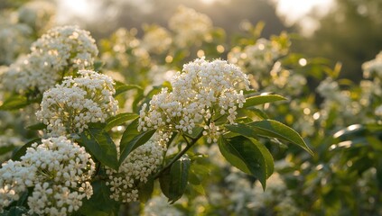 Obraz premium Vibrant white blossoms and lush green foliage of an elderberry shrub, showcasing nature's beauty, Earth Day