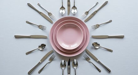 Overhead Shot of Elegant Table Setting with Silver Cutlery Around Pink Plates: Formal Dining Arrangement