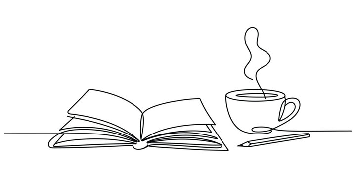 Simple continuous line drawing of an open book with a steaming cup of coffee and pencil vector