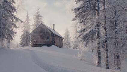 Winter cabin in a snowy retreat